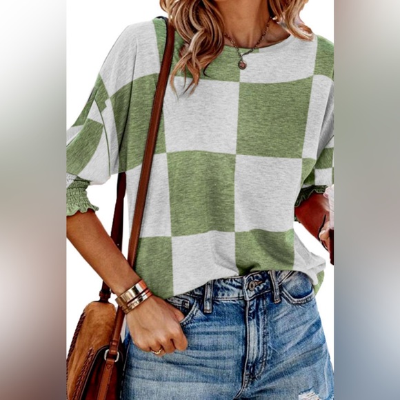 Tops - Kacie- green mix checkered print shirred cuffs blouse
